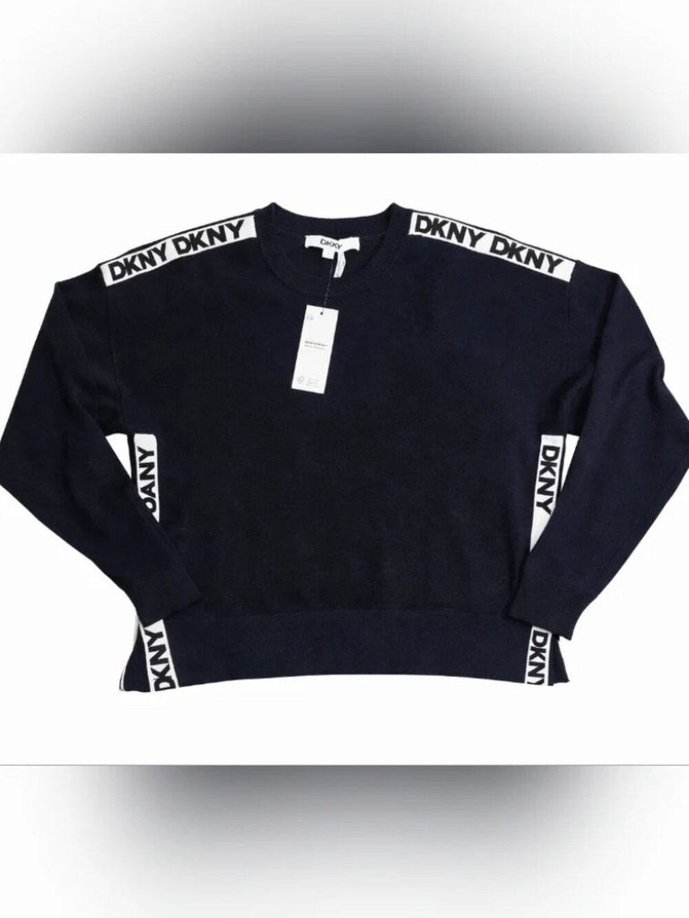 DKNY Long Sleeve Logo Tape Sweater Logo Accents Size XL Black New without tag.